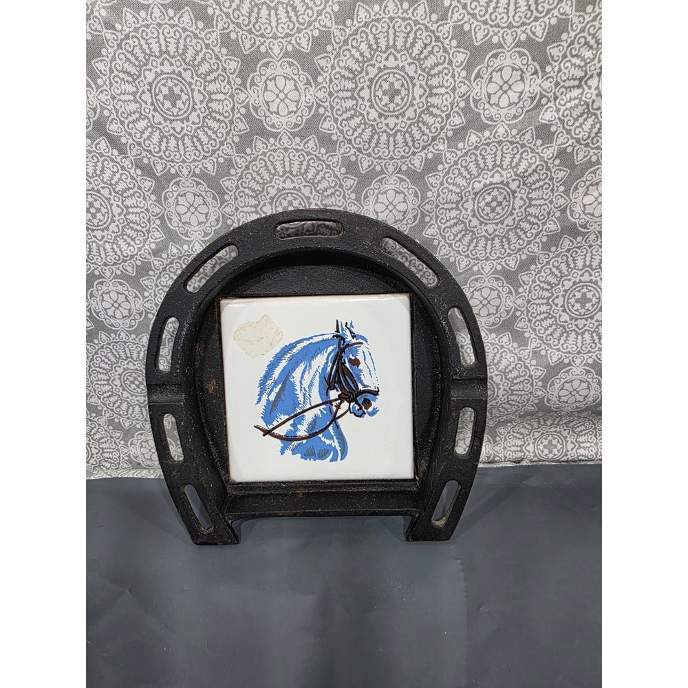 Vintage Horse Horseshoe Trivet Ashtray Ceramic Tile Cast Iron‎ Equestrian Decor